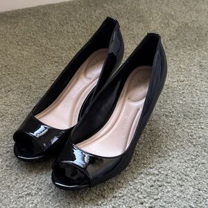 Nine West Glossy Black Peep Toe Wedges